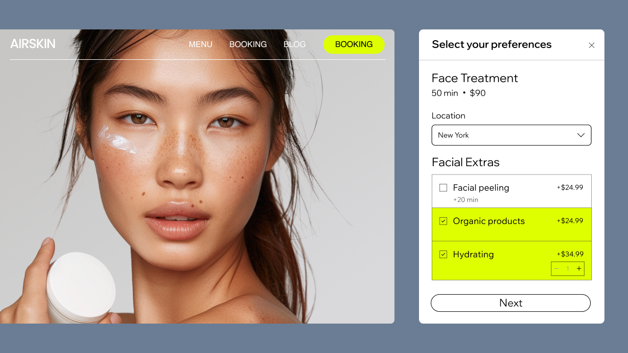 A booking checkout page showing a main service with optional extra items for purchase.