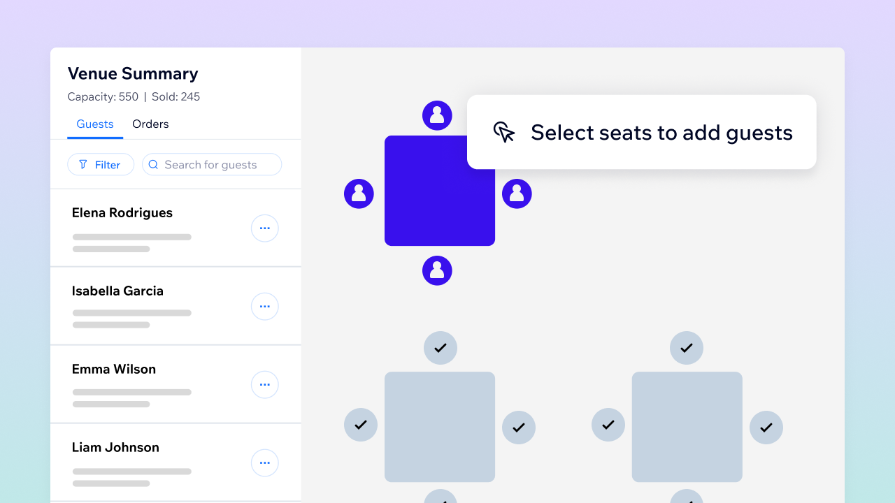 (Duplicate) The seating chart dashboard showing guest assignments to specific tables.