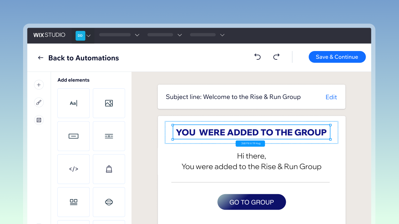 The Wix Automations builder showing a trigger for new group posts and an email action.