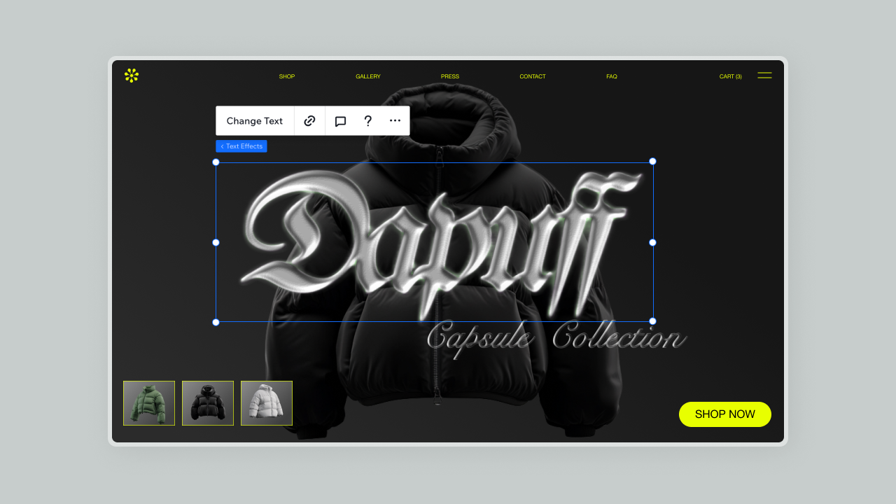 The text editor showing a menu of creative presets like "Wavy" and "Neon."