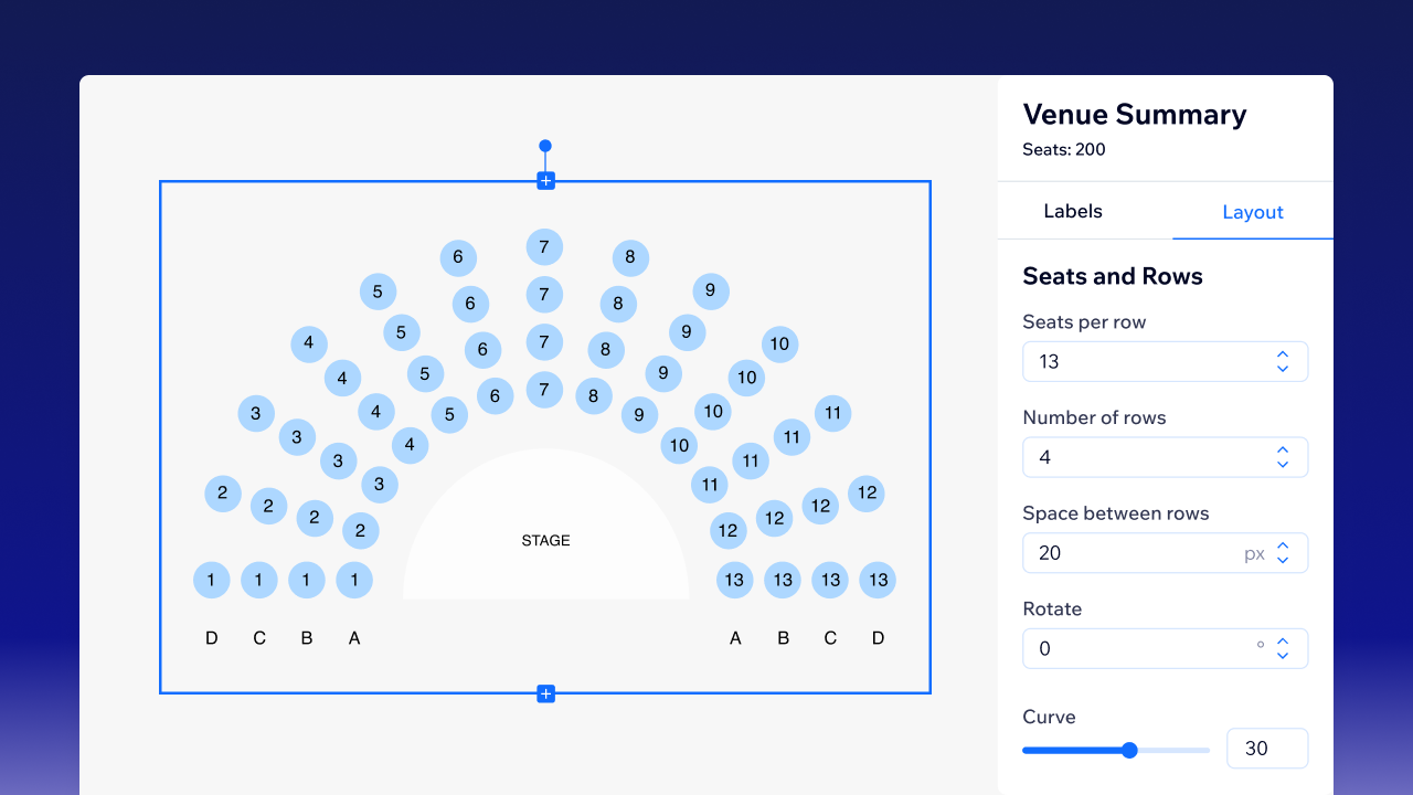 The seating chart builder showing a custom venue layout with curved rows of seats.