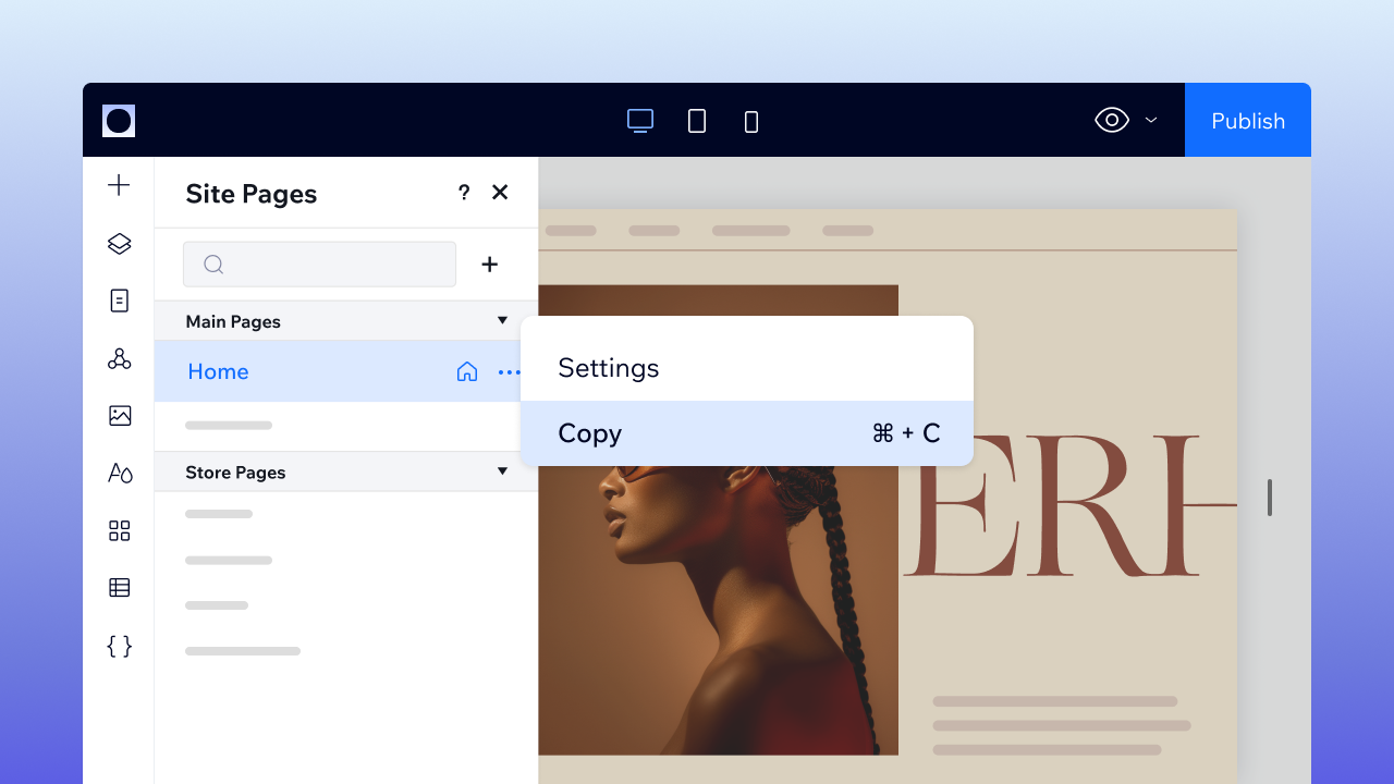 A user selecting "Copy Page" on one site and "Paste" on a different Wix Studio site.