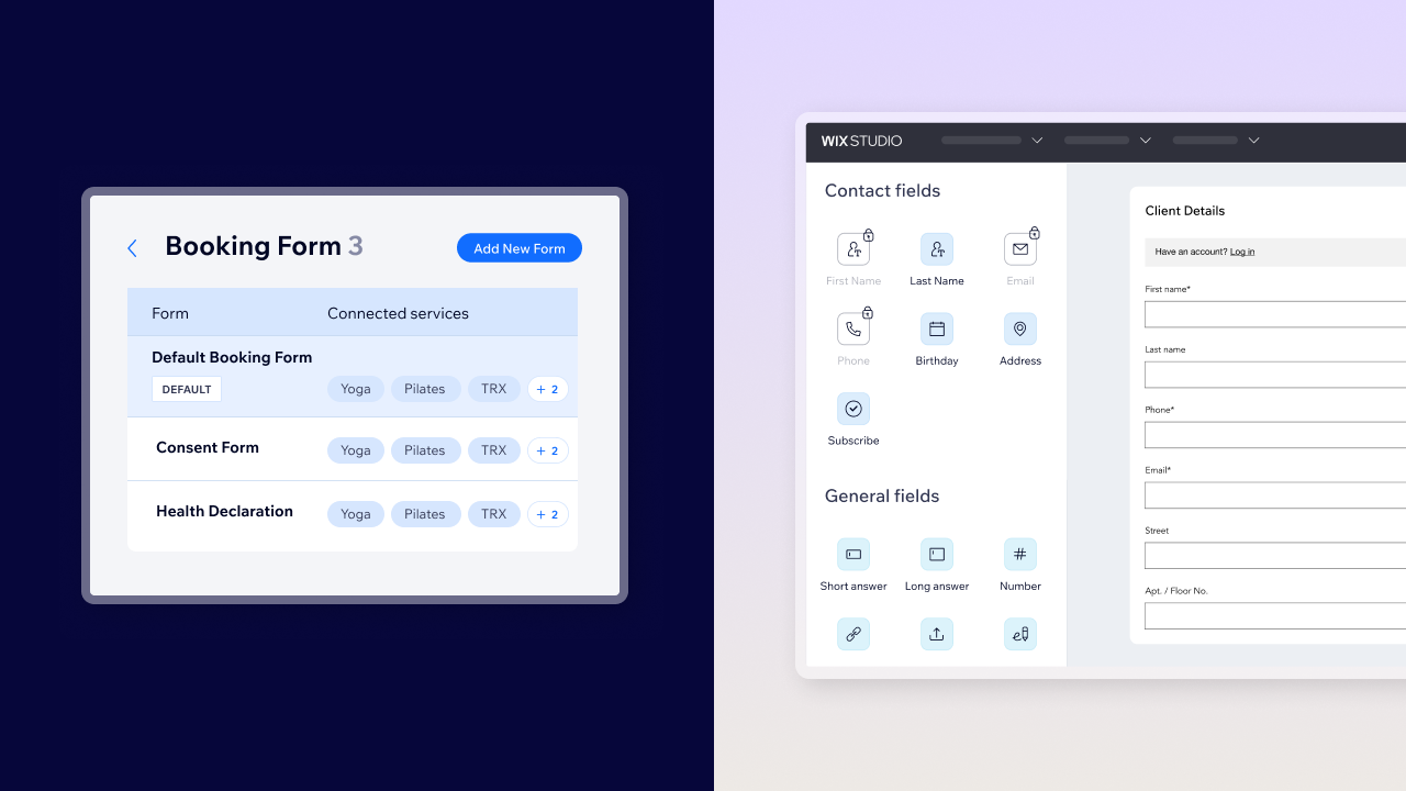 The booking form editor showing new fields and a modern layout design.